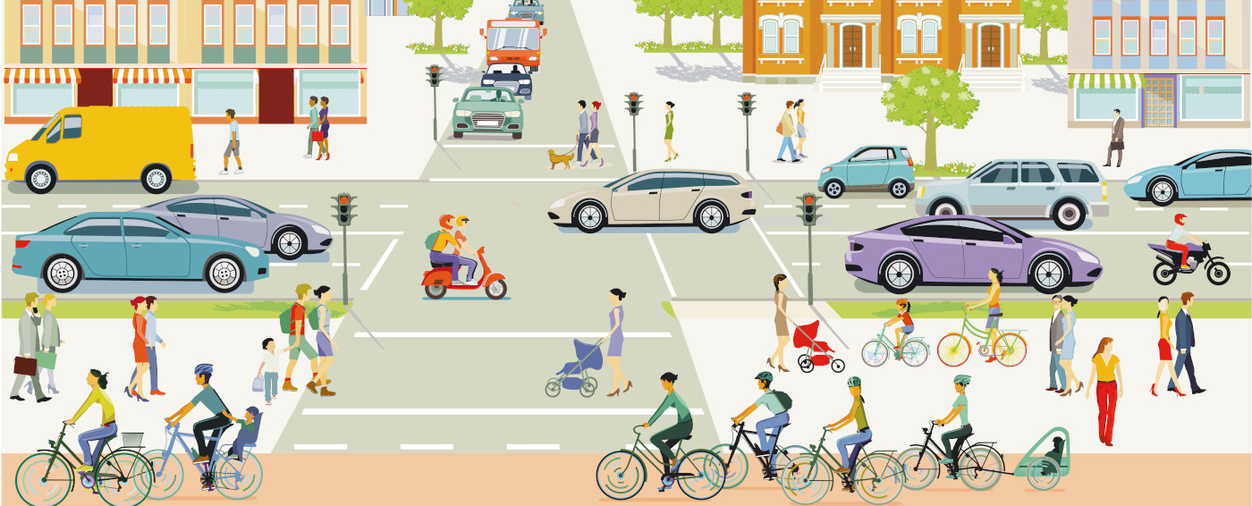 Dibujo de una vía pública con vehículos, ciclistas y viandantes