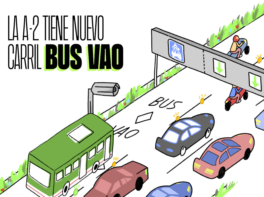 Cartel con dibujos de un carril con coches y autobuses con el siguiente título La A2 tiene nuevo carril bus vao