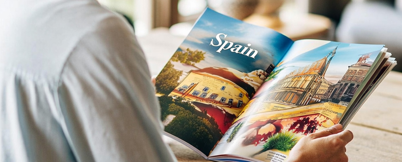 Persona con un catálogo de viajes abierto en una página donde pone Spain