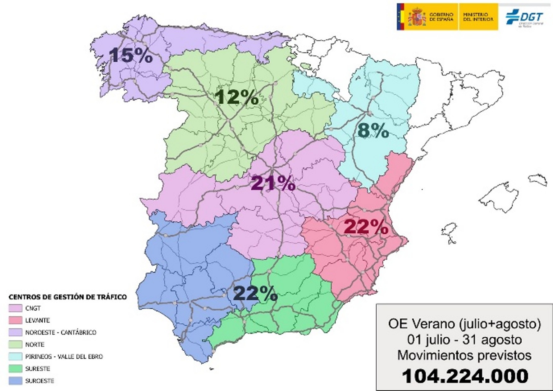 Mapa de España dividido por zonas en colores con porcentajes del número de desplazamientos que se van a realizar en cada una de esas zonas