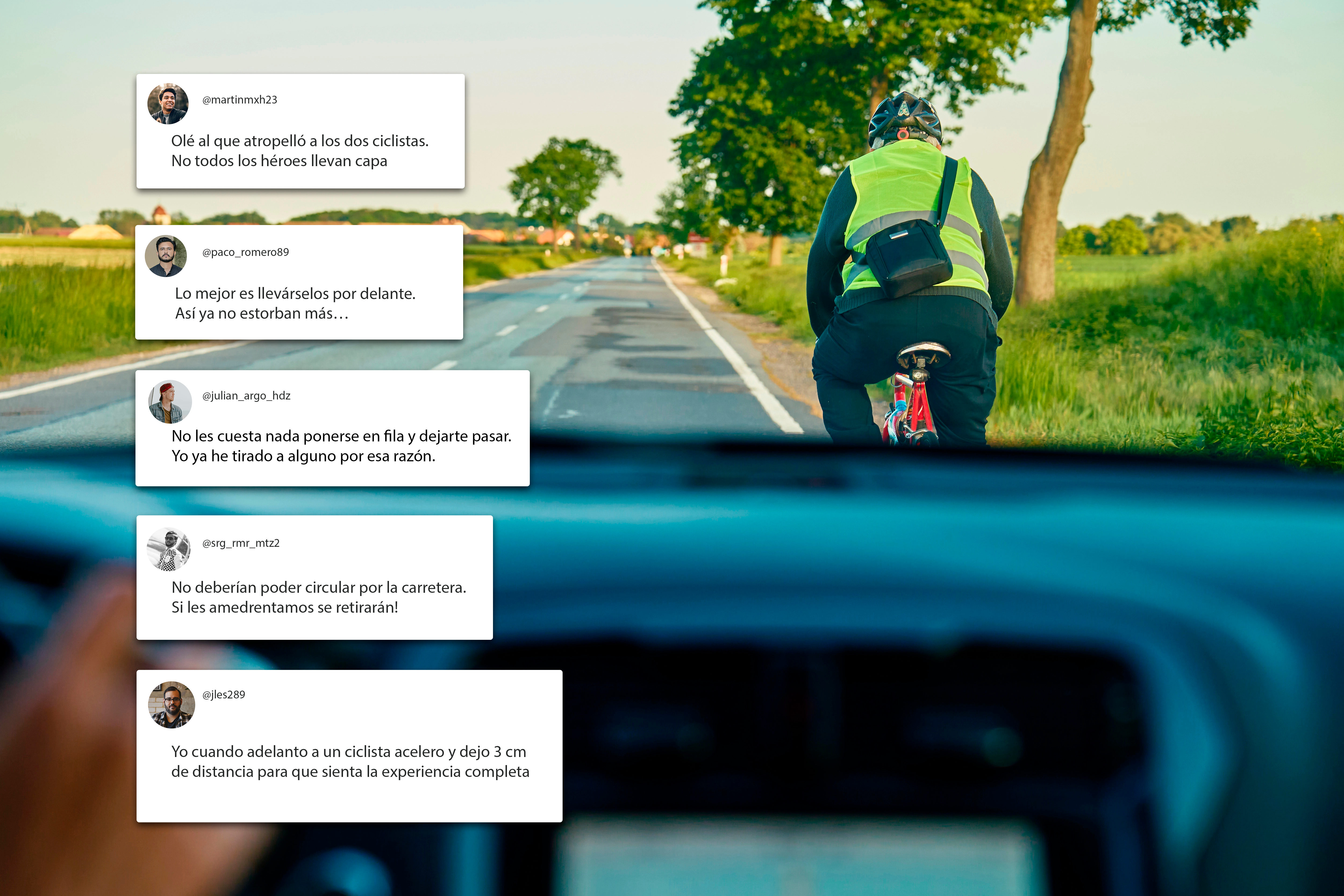 Imagen desde la perspectiva de un conductor de coche con un ciclista delante en una carretera. A la izquierda, recortes de tuits de perfiles con mensajes negativos