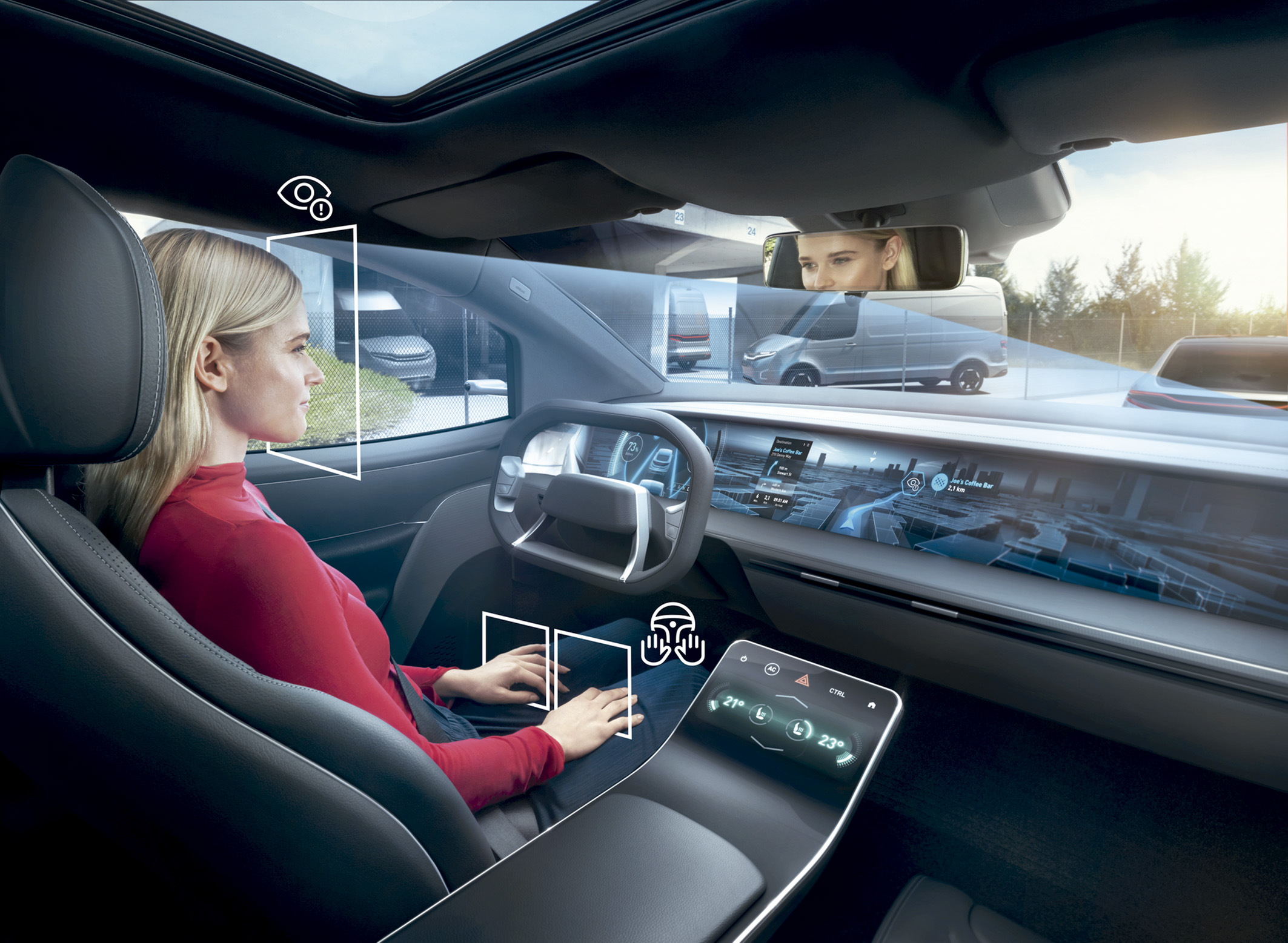 Interior futurista de un coche autónomo donde una mujer rubia en el asiento del conductor mira de perfil. La imagen incluye superposiciones gráficas: una línea azul desde sus ojos hacia una ventana flotante para "seguimiento ocular", y cuadros alrededor de sus manos y el volante con un icono de "atención del conductor". La pantalla del salpicadero muestra un mapa urbano en 3D.