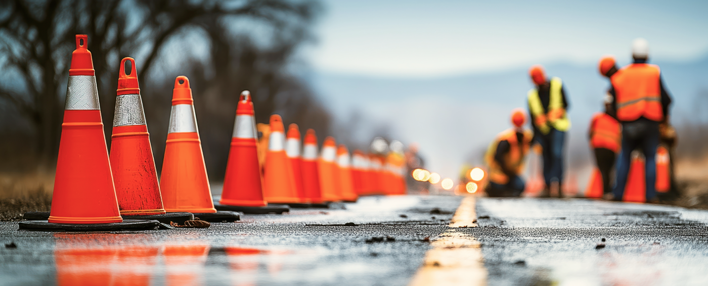 Carretera en obras con conos y operarios trabajando